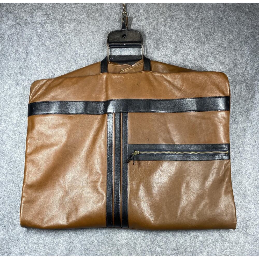 Vintage Faux Leather Garment Bag Suit Carrier Brown Hanging Travel Zip Hook